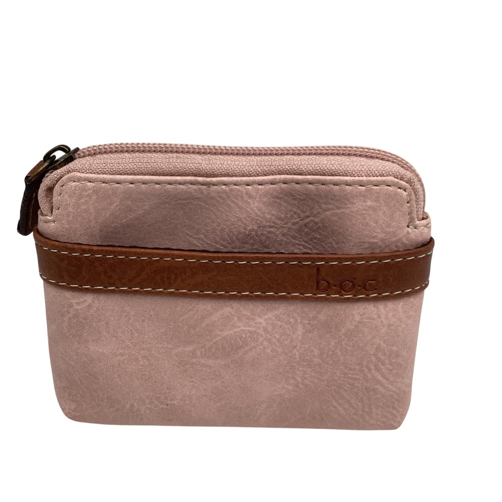 b.o.c. Born Concept Pink Vinyl Coin Purse Small Zip Pouch Brown Trim